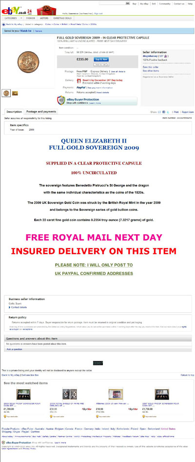 dingleharvey  2009 Elizabeth II Reverse Gold Sovereign eBay Auction Listing
